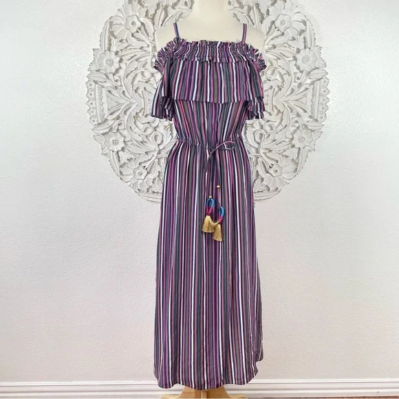 {Figue} Maya Silk Striped Cold/Off Shoulder Midi Dress, Size XS - Picture 1 of 10